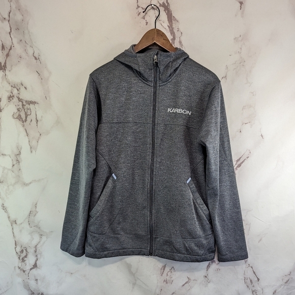 Karbon Jacket Mens Medium Gray Full Zip Hooded Fleece Sweater Ski Mid Layer - Picture 1 of 11